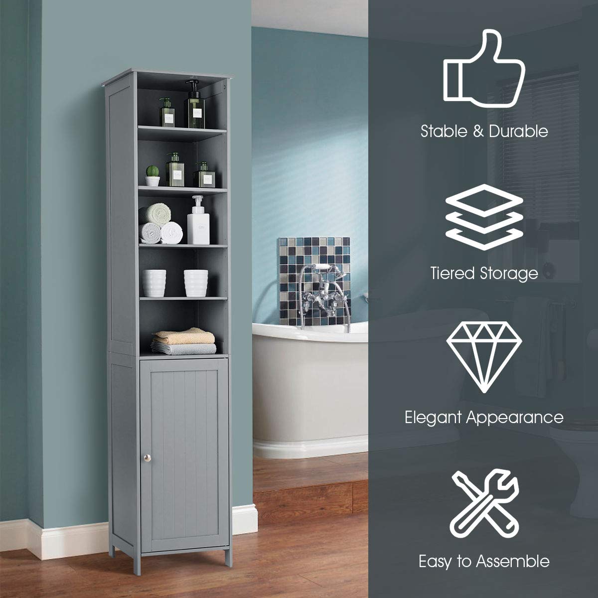 Tangkula Slim Tall Bathroom Storage Tower, 72" H with Adjustable Shelves & Cupboard, Space Saving Narrow Cabinet for Bathroom (Gray) Tangkula