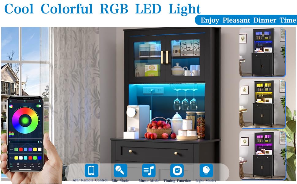 Yeyawomy 72" Tall Kitchen Pantry Cabinet with LED Light & Power Outlets, Farmhouse Large Storage Cabinet, Microwave Stand with Storage, Adjustable Cabinet Shelf, Black Kitchen Pantry (Black) Yeyawomy