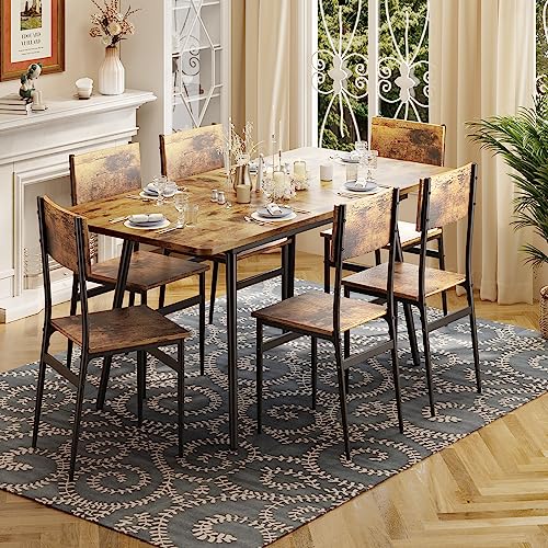 Qsun 63” Extendable Dining Table Set for 4-6 People, 7-Piece Dining Table Set for 6 People with 6 Chairs, MDF Wood Board Kitchen Table Set for Small Qsun