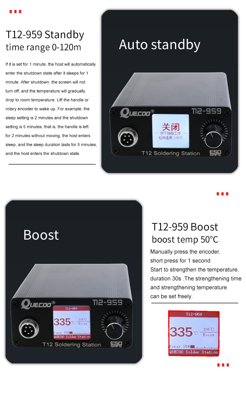 QUECOO T12-959 Soldering Iron Station Kit, LCD Screen with T12 Soldering Iron Tips, Heating up Fast, Automatic Standby-Automatically Wake up, for Electronic Repairing, With K tip (SET1) QUECOO