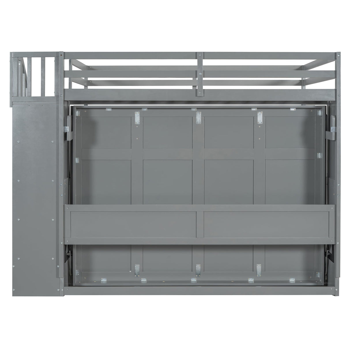 Merax Modern Farmhouse Solid Wood Loft Bed with Murphy Bed Cabinet w/Hydraulic Lift Full Over Full, Wall Bunk Bed with Storage Staircase, Shleves & Desk/Space Saving/Wood Slat Support/Gray Merax