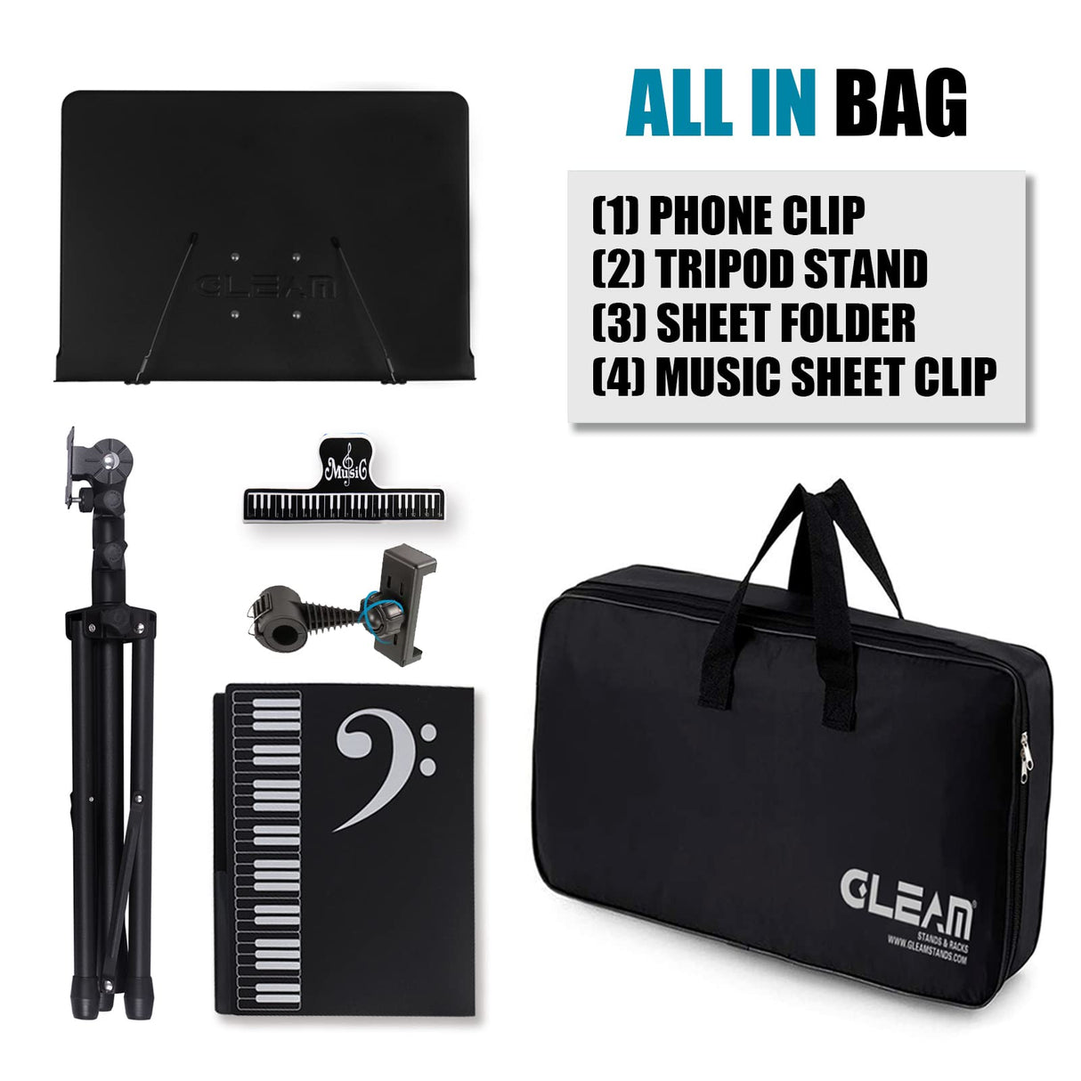 GLEAM Sheet Music Stand - Full Metal with Carrying Bag, Phone Holder, Sheet Music Folder and Clip, 5 in 1 Desktop Book Stand GLEAM