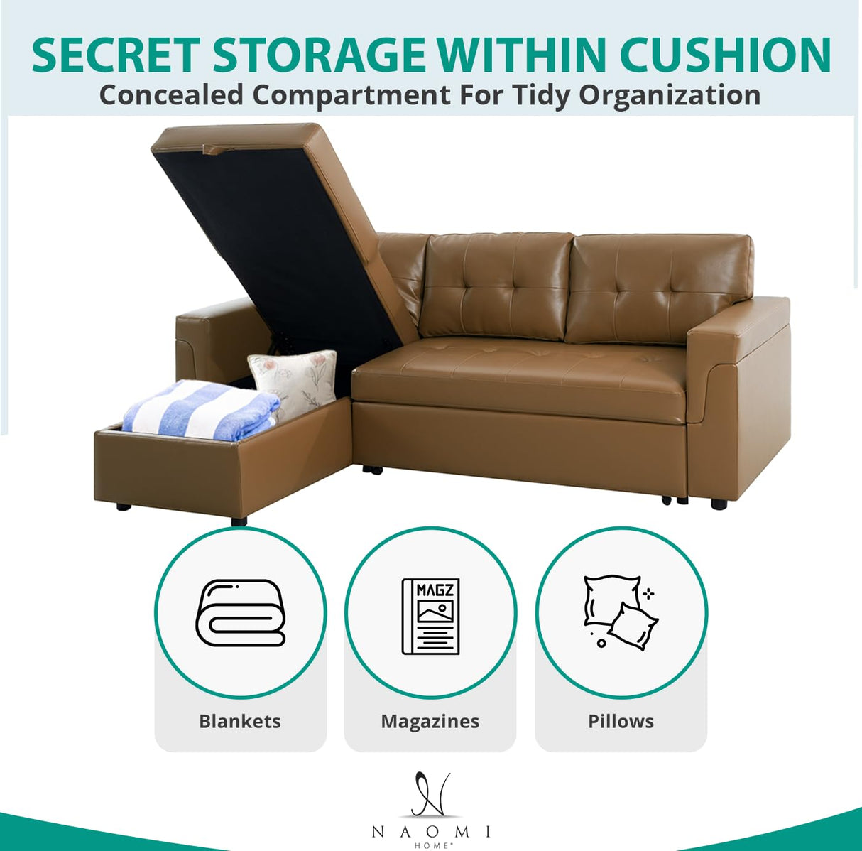Naomi Home Jenny Sectional Sofa Sleeper with Storage Chaise, Tufted Pull Out Couch with Storage, Sectional Sofa Bed, L-Shaped Reversible Sleeper Sofa with Storage, Mocha,Air Leather Naomi Home