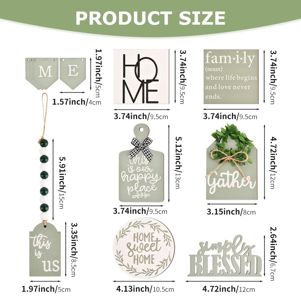 EMVANV 11 PCs Tiered Tray Decoration Set,Wood Sign Rustic Home Sweet Home Simply Blessed Home Tiered Tray Decorations for Dining Room Country Summer Shelf Centerpiece Present(Green+White) EMVANV