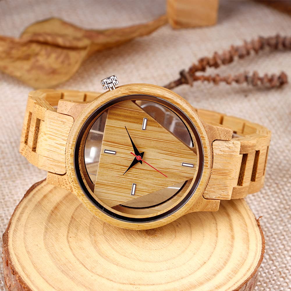 Triangle Wood Watch for Men Creative Hollow Dial Full Wooden Quartz Watch Vintage Natural Mens Unique Inverted Geometric Wood Wrist Watch Tiong