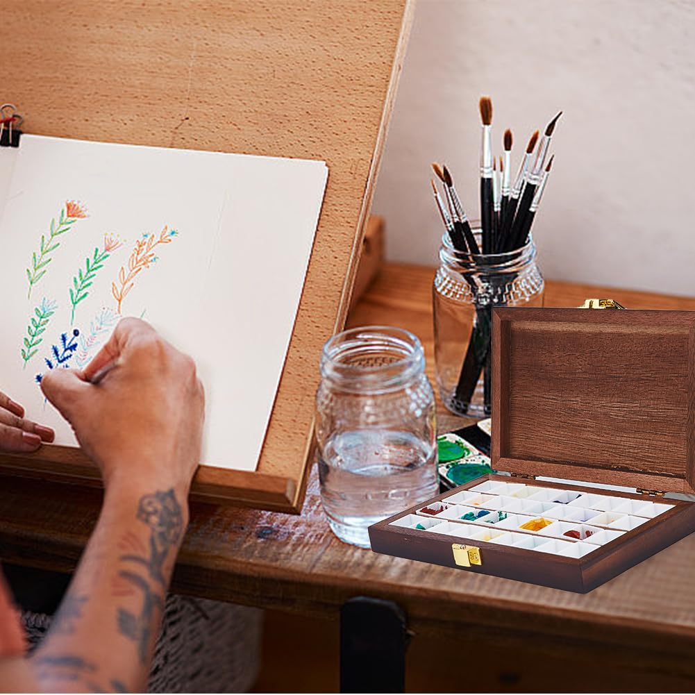 DICOSMETIC 36 Grids Bamboo Watercolor Paint Palette Box Wood Color Artist Paint Tray Empty Watercolor Case Wooden Travel Box for Painters Painting DICOSMETIC