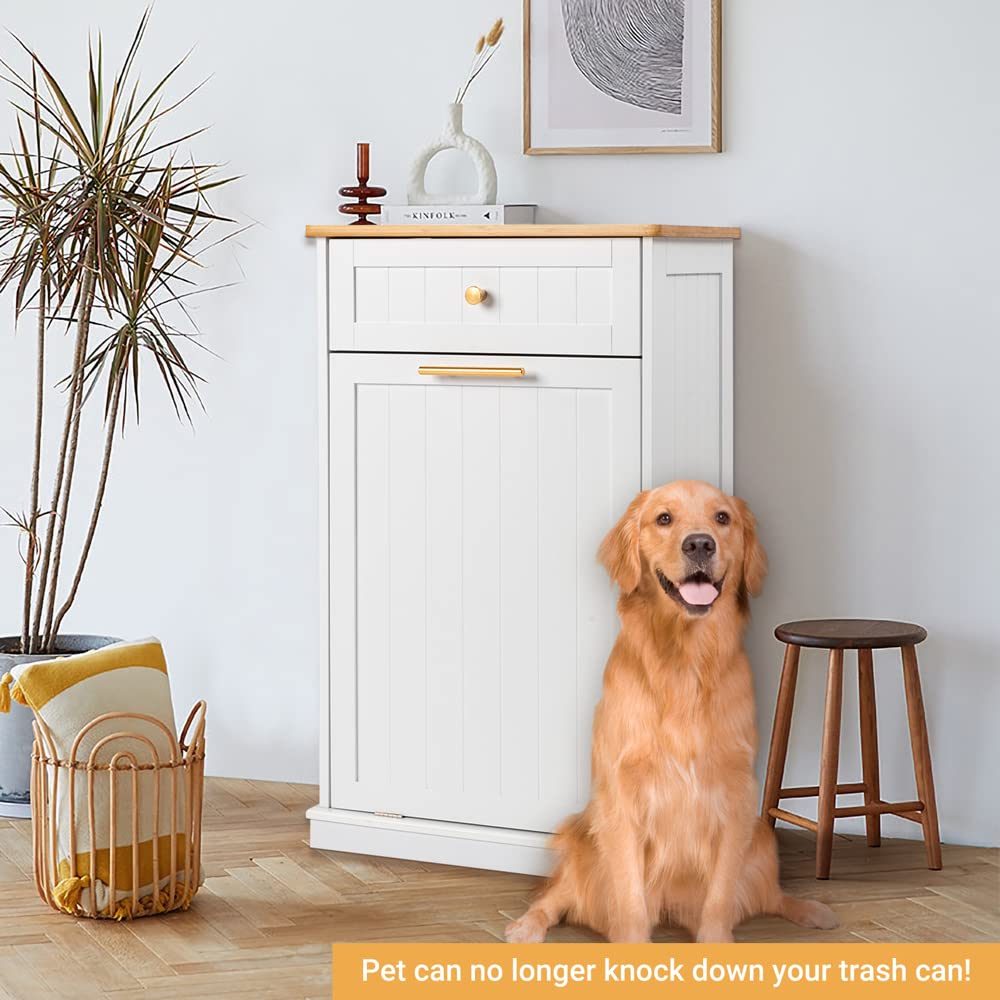 VINGLI Tilt Out Trash Cabinet, Garbage Can Cabinet with Drawer, 10 Gallon Movable/Freestanding Pet Proof Storage Organizer, Modern Trash Can Kitchen Cabinet, Living Room Storage, White VINGLI
