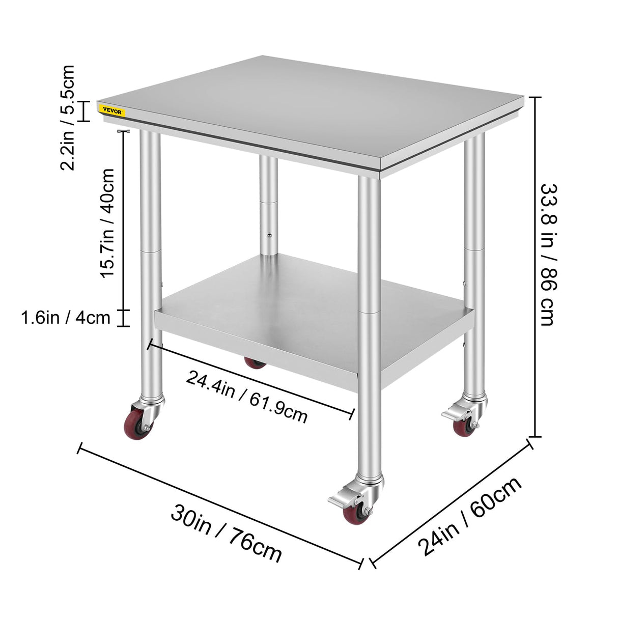 Mophorn Stainless Steel Work Table with Wheels 24 x 30 x 32 Inch Prep Table with 4 Casters Heavy Duty Work Table for Commercial Kitchen Restaurant Business, Silver and Black Mophorn