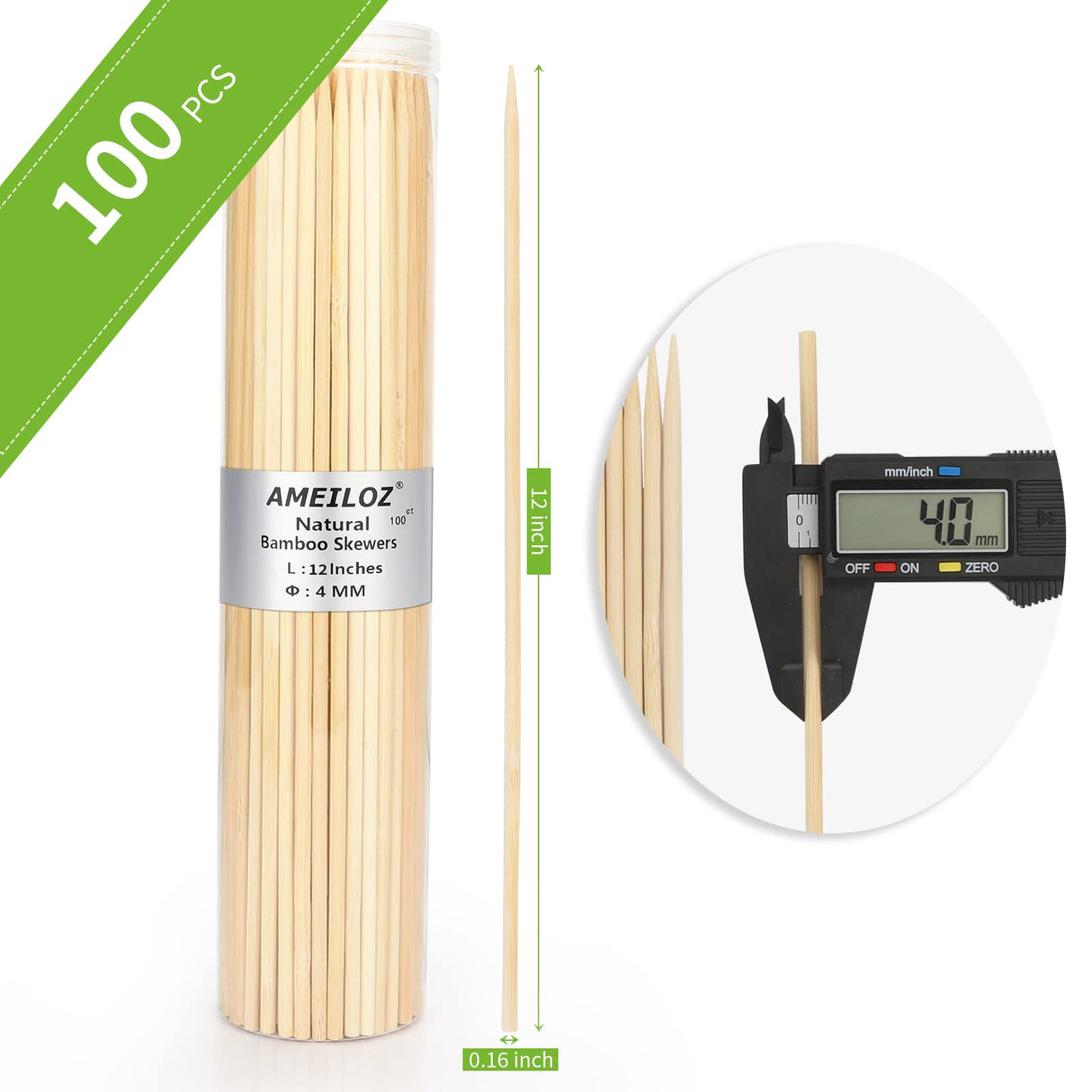 12" Natural Bamboo Wood Barbecue Skewers for Kabob, Appetizer, Fruit, Sausage, Chocolate Fountain, Wooden BBQ Kebob Skewer Stick, Organic Food Sticks for Grilling, Kitchen (Φ=4mm Thick, 100PCS) AMEILOZ