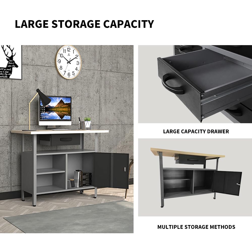 JZD Metal Storage Garage Workbench with Drawer, Wood Worktop, Steel Chest 47.2 x 23.6 x 32.3 Inches JZD