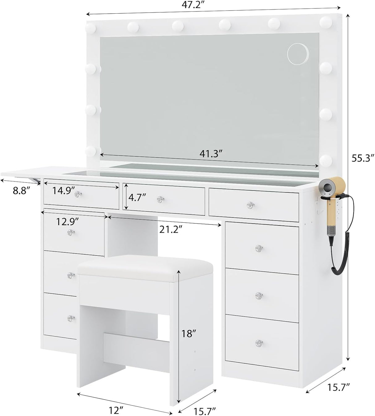 Vanity Desk with Power Outlet, 9 Drawers Makeup Vanity with Mirror and 12 LED Lights, 3 Lighting Modes, Glass Top Vanity Set, Fold-up Panel, Dressing Table for Bedroom FUSOU