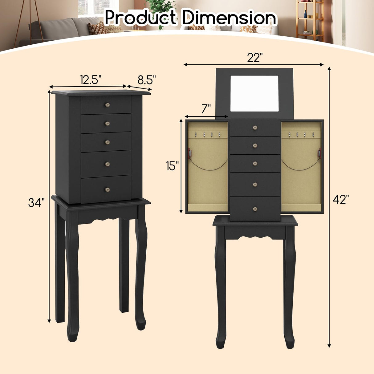 Giantex Jewelry Cabinet Armoire Chest with 4 Drawers, Flip Top Mirror, Top Storage Compartments, 2 Side Doors with 8 Necklace Hooks, 2 Shelves, Black Standing Jewelry Organizer Box for Girls Gift Giantex