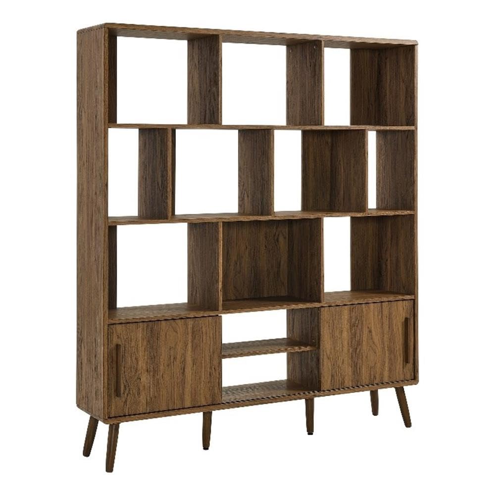 Modway Transmit 14 Shelf Bookcase with Sliding Doors in Walnut - 59 Inch Wood Mid-Century Modern Bookshelf - 4 Tier Wide Open Display Storage Cabinet for Living Room, Office, Hallway Modway