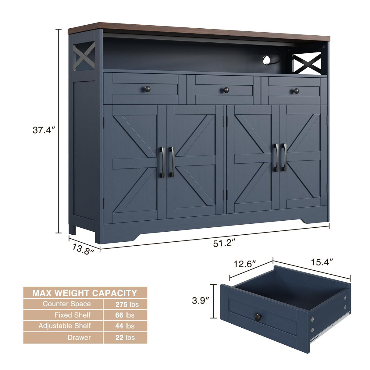 Befrases Farmhouse Buffet Cabinet with Drawers & Open Shelf, Sideboard with Storage, Kitchen Pantry Cabinet Hutch, Coffee Bar Station for Kitchen, Livingroom, 52" L Blue Befrases