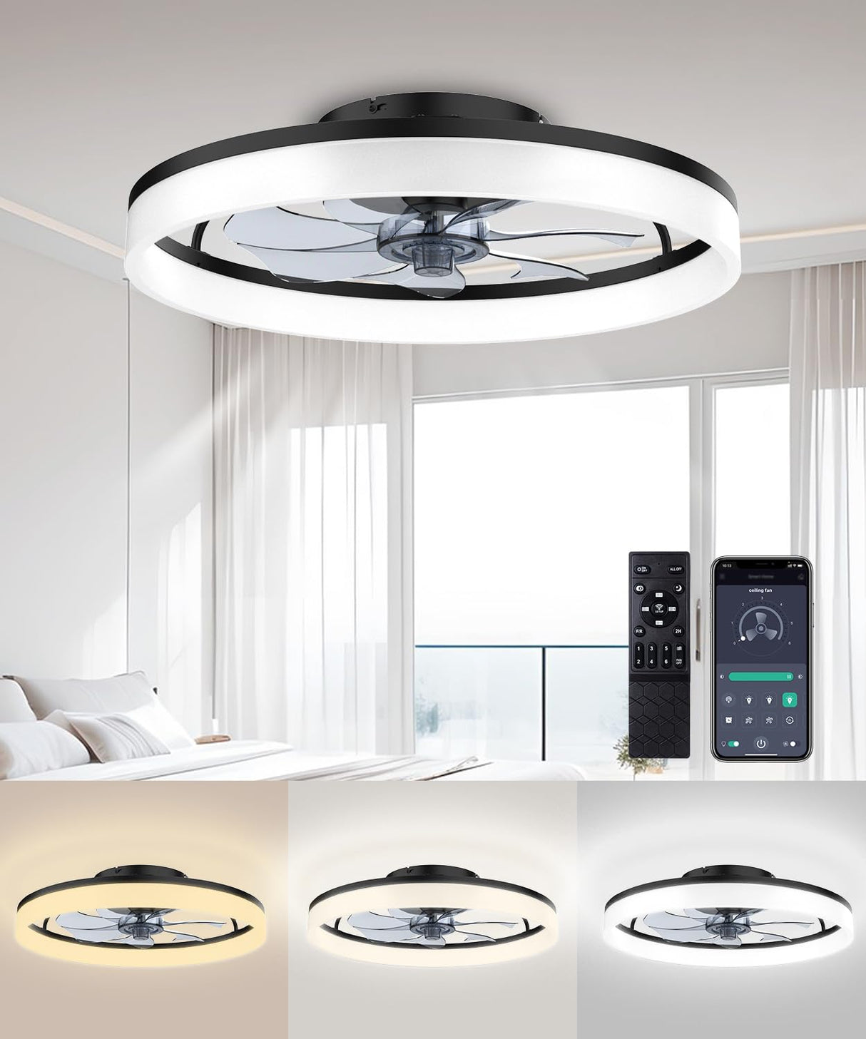 Ceiling Fans with Lights and Remote, 20"Modern Low Profile Ceiling Fan with Light , Stepless Color Temperature Change and 6 Speeds, Flush Mount Ceiling Fans for Bedroom, Kids Room and Living Room. AQUBT