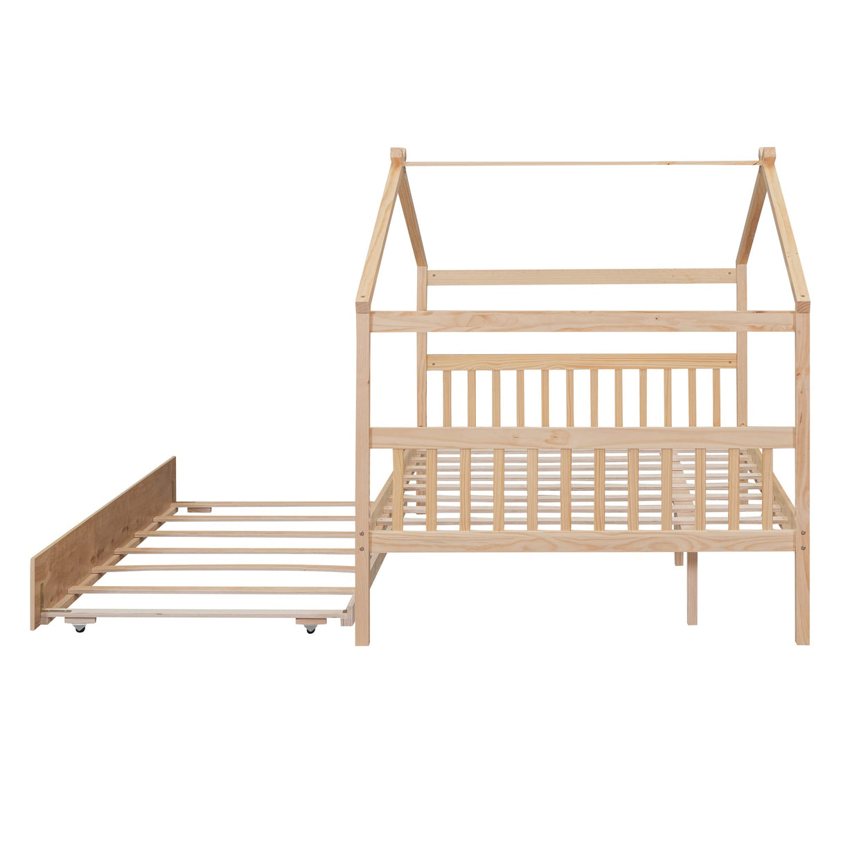 Merax Full Size Wooden House Bed with Trundle, Wood Bed Frame with Roof for Kids, Teens, Boys or Girls, Natural Merax