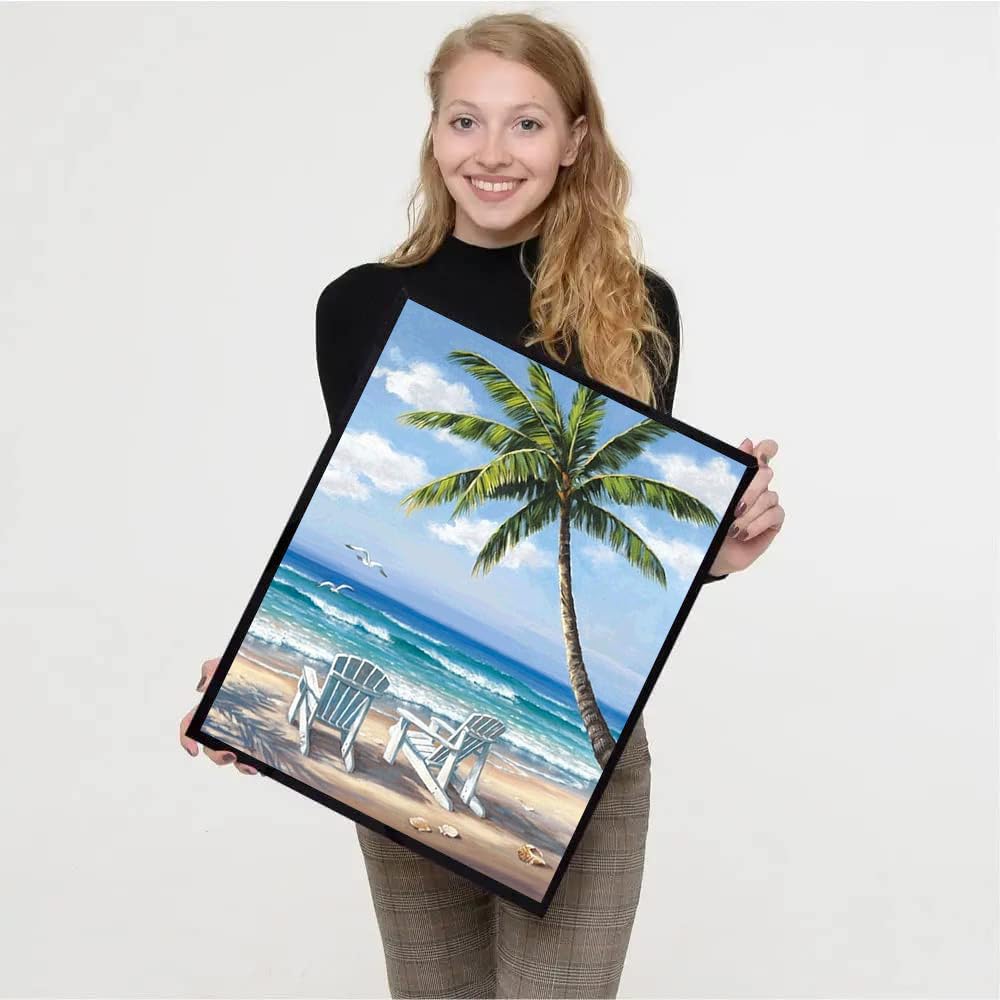 4 Pack Paint by Numbers Kit for Adults Framed Canvas - with Wooden Easel,Adults' Paint-by-Number Kits Beach Sunset Leisure Chair DIY Acrylic Landscape Oil Painting Kits Arts Crafts 7.8x11.8inch VIGEGU