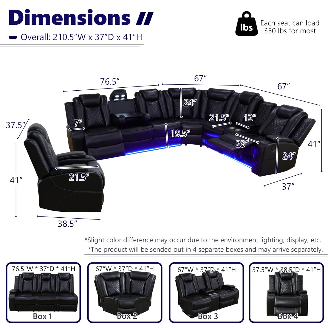 Anthato Black Power Recliner Sectional Sofa Set with LED, Breathing Leather Reclining Corner Couch & Chair, L-Shaped Home Theater Seating with Cup Holders/Storage for Living Room (Sectional+Chair) Anthato