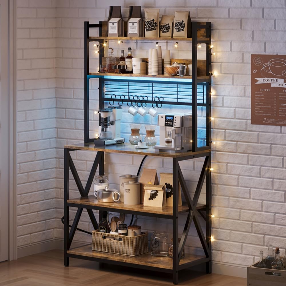 Yaheetech Kitchen Bakers Rack with Power Outlet & LED Lights, 5 Tiers Coffee Bar Table with 8 S Hooks, 64 Inches Tall Microwave Oven Stand with Storage for Spices, Pots, Rustic Brown Yaheetech