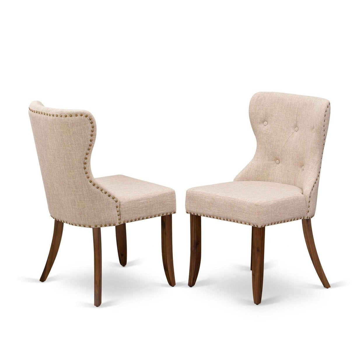 East West Furniture SIP8T04 Sion Parsons Dining Chairs - Button Tufted Nailhead Trim Light Tan Linen Fabric Upholstered Chairs, Set of 2, Walnut East West Furniture