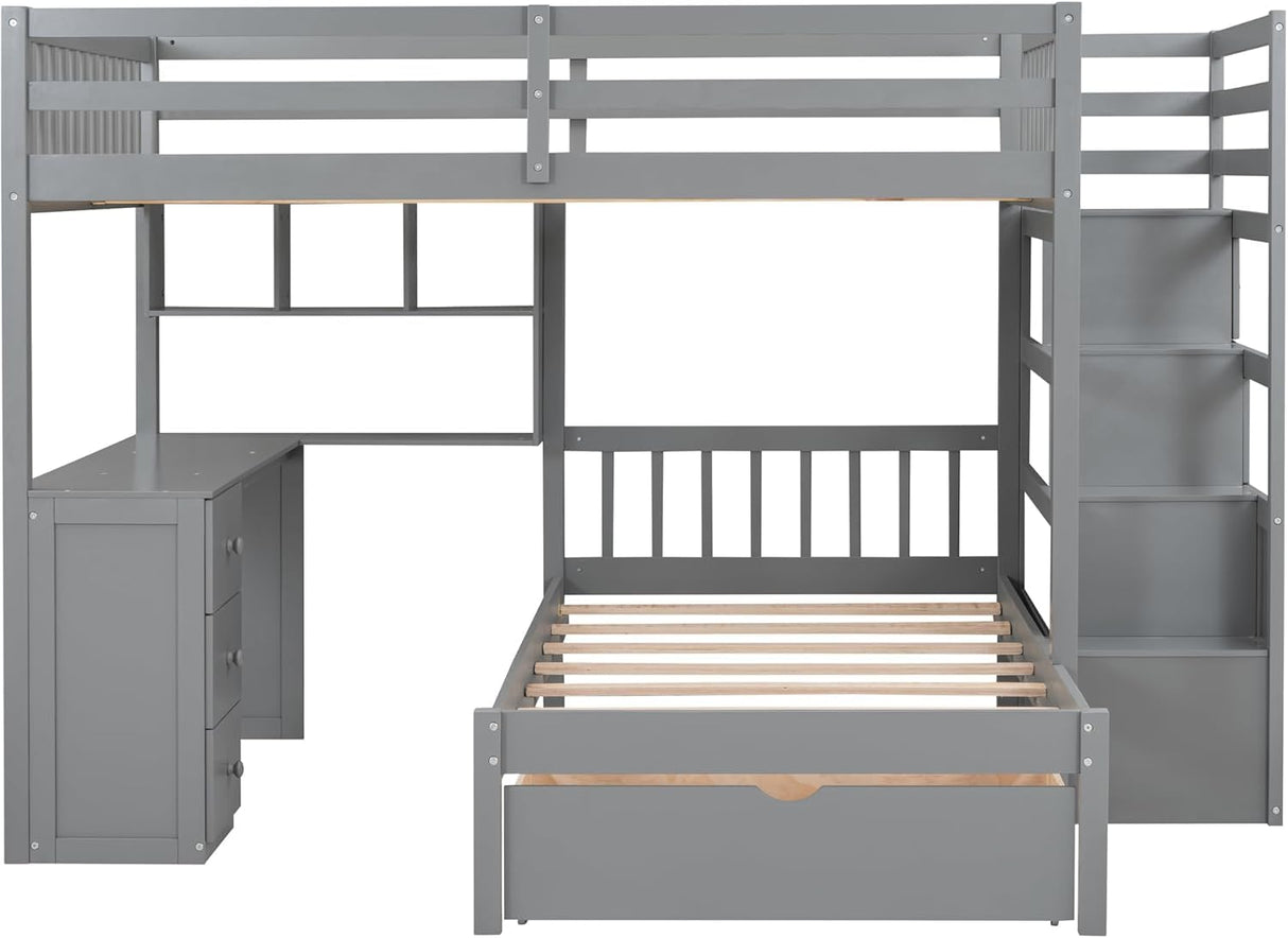 MERITLINE Full Over Twin L Shaped Bunk Bed with Stairs and Desk,Solid Wood L-Shaped Bunk Bed with Storage Drawers,Shelves,Ladder,Headboard and Guardrail,No Box Spring Needed (Grey) MERITLINE