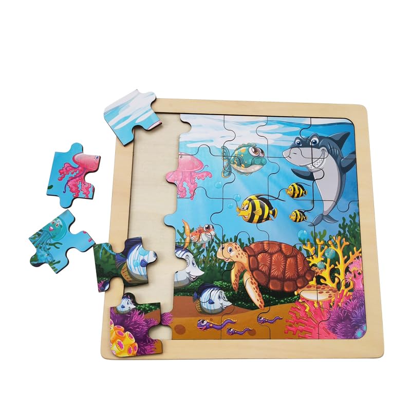 Wooden Jigsaw Puzzle Set of 3 pcs, Farm Jungle and Sea Animals Level up Puzzles Difficulty from 9 pcs to 16 pcs 25 pcs Educational Preschool Toys Gifts OLYDAUS