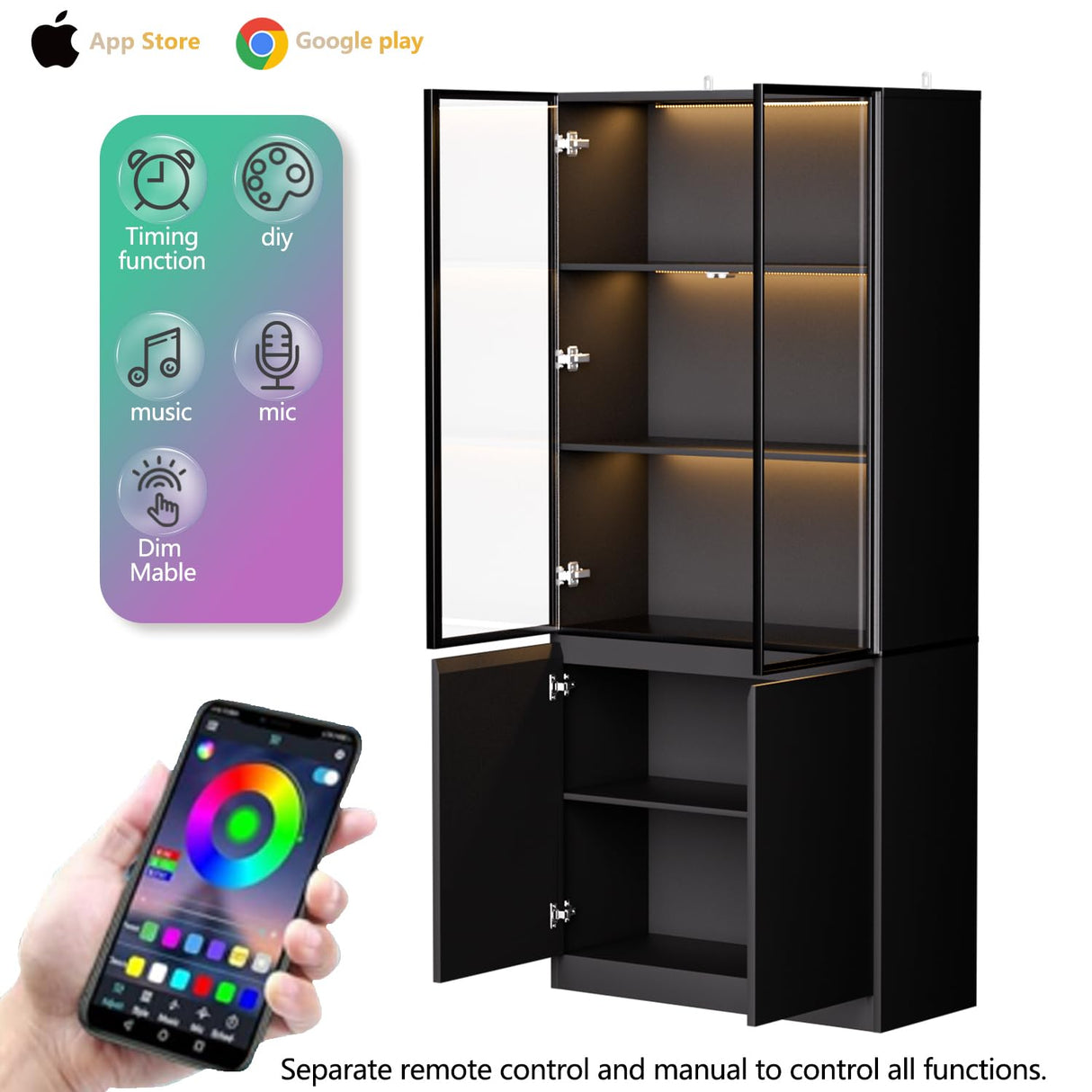 MAISONARIA Display Cabinet with Glass Doors & Lights, Curio Cabinet with 2 Shelves, Glass Display Cabinet for Living Room, Home Office, Bedroom, Black MAISONARIA