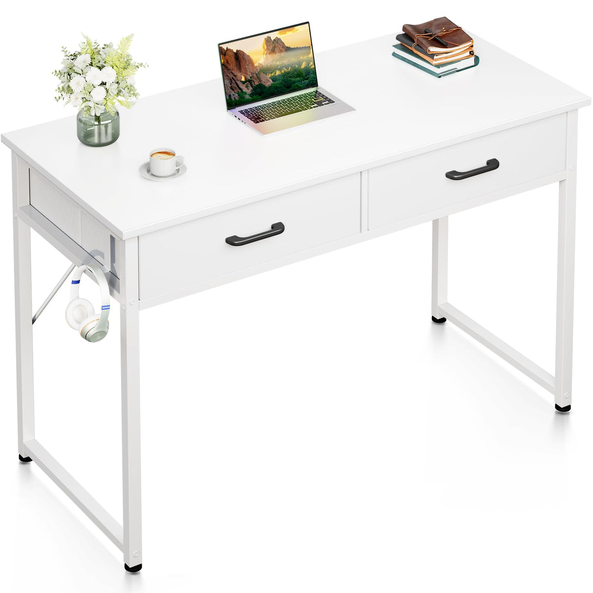 Casaottima 40 Inch Small Office Computer Desk with 2 Drawers & Headphone Hook - Compact Writing Desk for Home Office, Study or Work, Modern Space-Saving Design for Small Spaces, White Casaottima