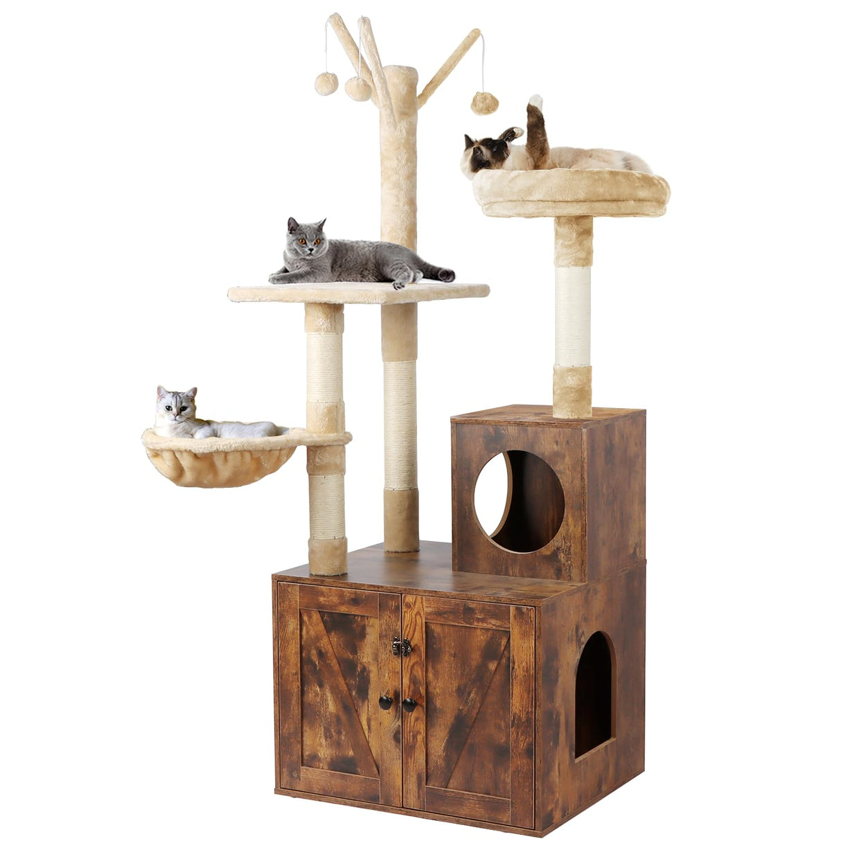Timberer Litter Box Enclosure with Cat Tree, Wooden Cat House with Cat Tree Tower, Hidden Cat Litter Box Furniture with Scratching Post, Modern Cat Condo, Rustic Brown Timberer