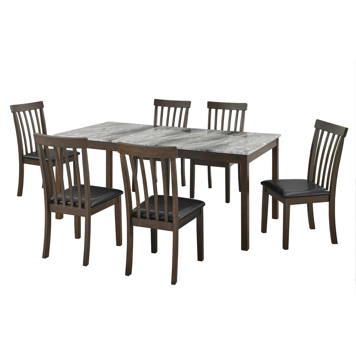 AMERLIFE 7-Piece Dining Table Set for 6, Faux Marble Modern Dining Table Set with 6 Upholstered PU Leather Chairs, 71'' Solid Wood Structure Table & Chair Set for Kitchen, Dining Room, Marble & Brown AMERLIFE