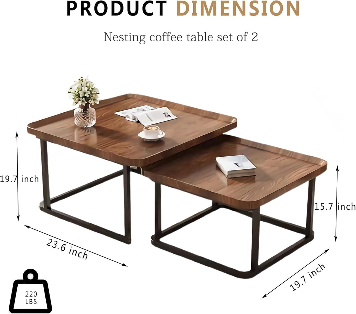 Windpost Square Nesting Coffee Table Set of 2, 23.6"+19.7" Nesting Tables,Small Square Coffee Table with Fluted,Center Table for Living Room Bedroom Office Balcony Yard (Walnut) Windpost