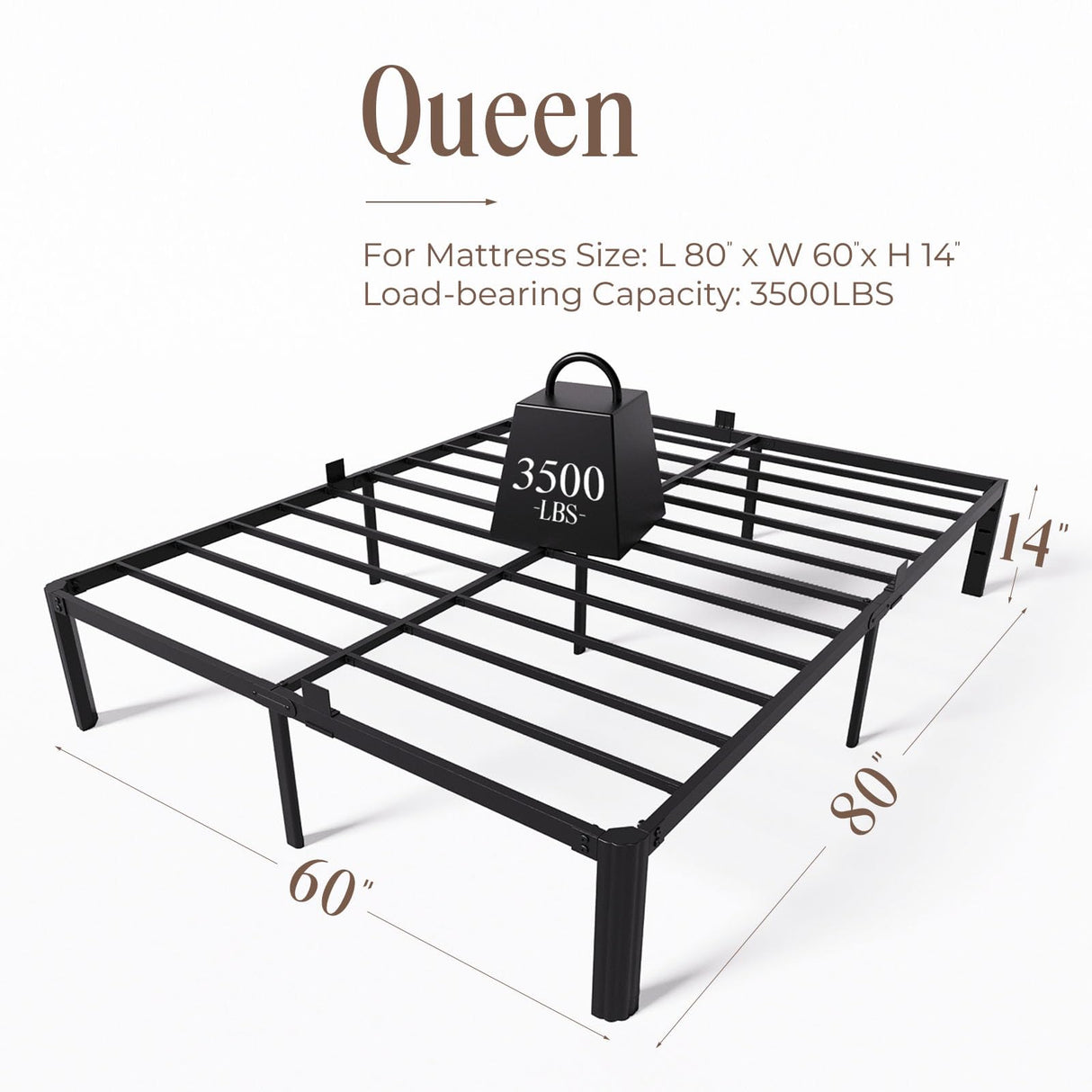 XUKIL 14 Inch Metal Bed Frame Queen Size, Heavy Duty Balck Platform Queen Size Bed Frame with Round Corner Legs, Mattress Slide Stopper, No Box Spring Needed, Easy Assembly XUKIL