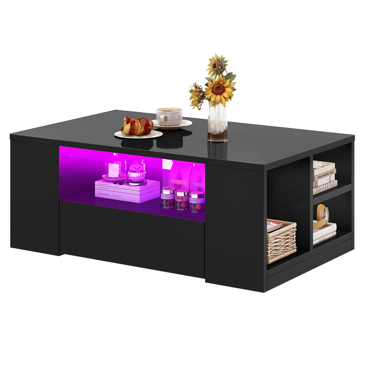 DWVO LED Modern Coffee Tables for Living Room, High Gloss Black Coffee Table with Storage, Small Wood Center Coffee Table with Open Side Shelf and 2 Sliding Drawers, Black DWVO