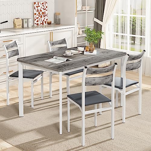 DKLGG Dining Table Set for 4, 43.3" Dining Room Table with 4 Upholstered PU Leather Chairs, Modern Wood Kitchen Table and Chairs Set, 5-Piece Dinette Set for Breakfast Nook, Small Places, Grey DKLGG