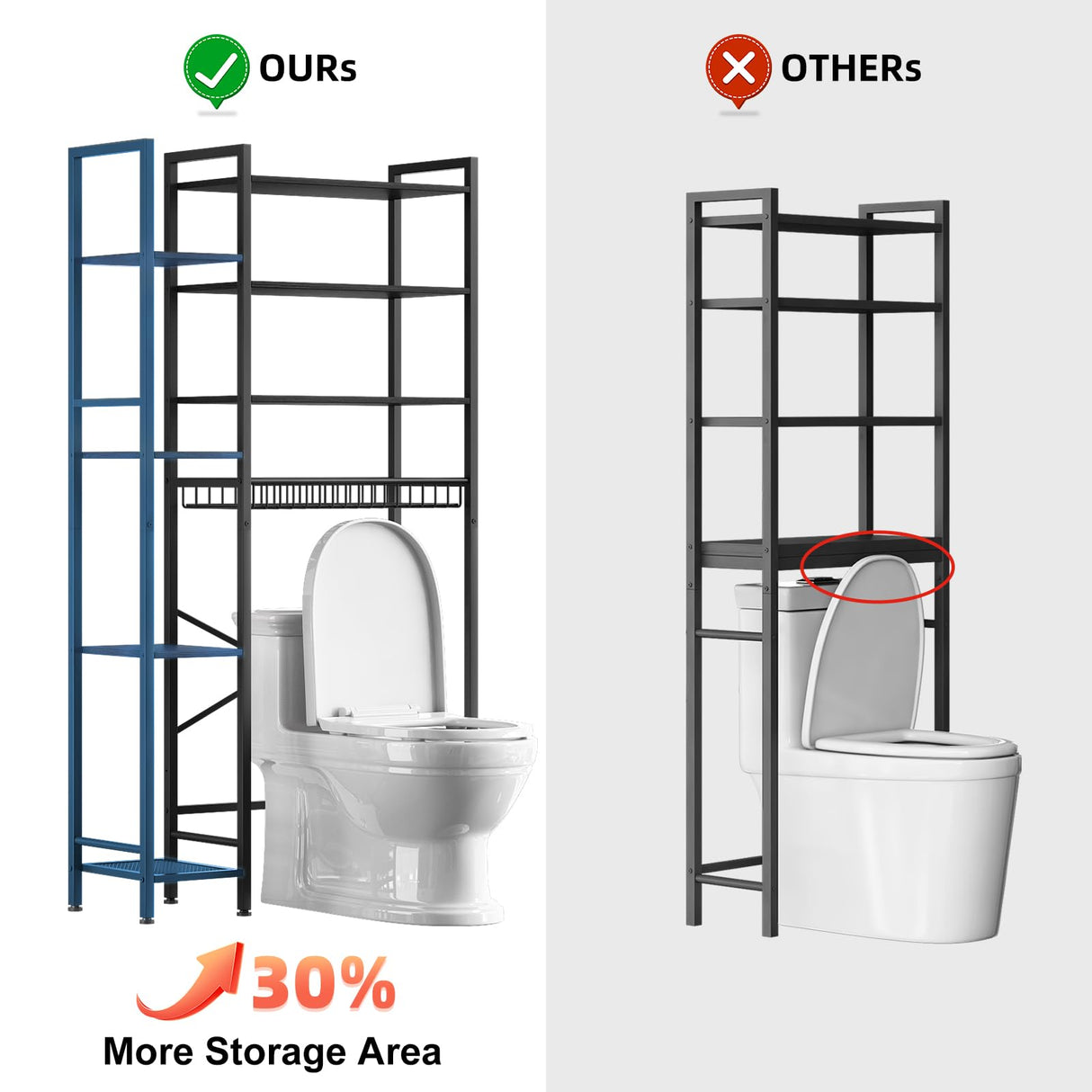 Kalrin Over The Toilet Storage Rack with Extra Side Shelves, 4-Tier Bathroom Over Toilet Storage with Adjustable Shelf & Drain Basket, Freestanding Bathroom Organizer for Balcony, Laundry(Pure Black) Kalrin