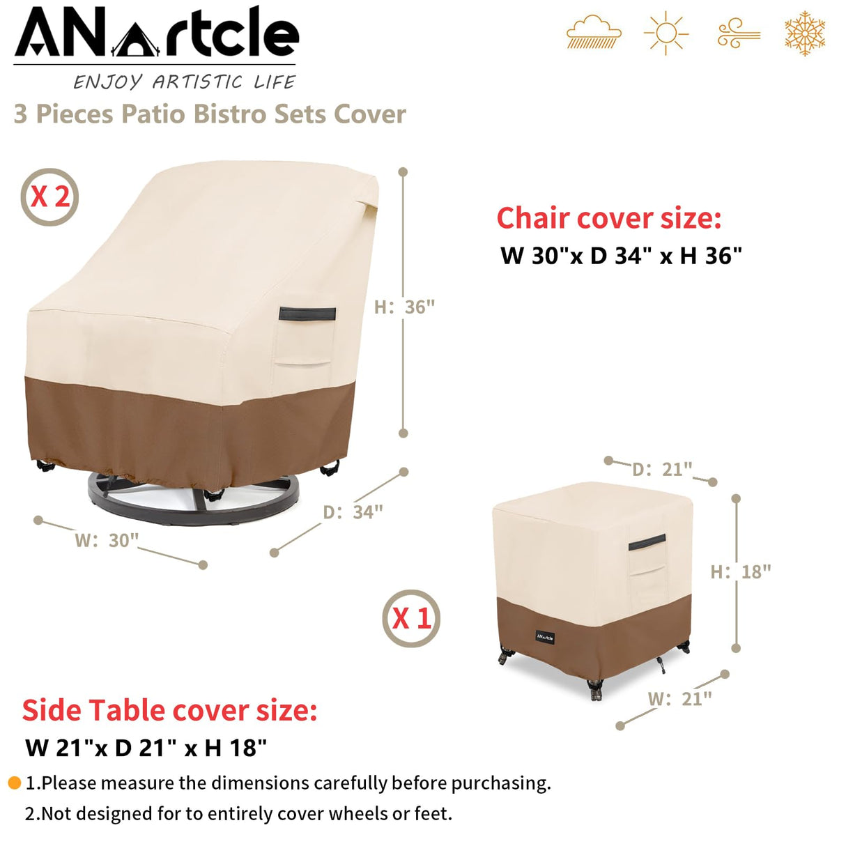 ANartcle 3 Pieces Patio Bistro Sets Cover,600D Waterproof Heavy Duty Patio Furniture Covers,Includes 2 Outdoor Swivel Chair Covers and 1 Patio Wicker Side Table Cover(Beige&Brown) ANartcle