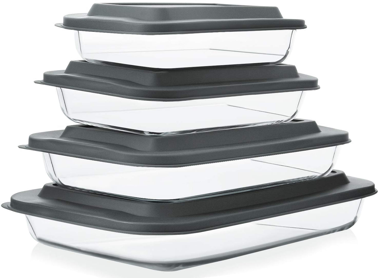 8-Piece Deep Glass Baking Dish Set with Plastic lids,Rectangular Glass Bakeware Set with Lids, Baking Pans for Lasagna, Leftovers, Cooking, Kitchen, Freezer-to-Oven and Dishwasher, Gray M MCIRCO