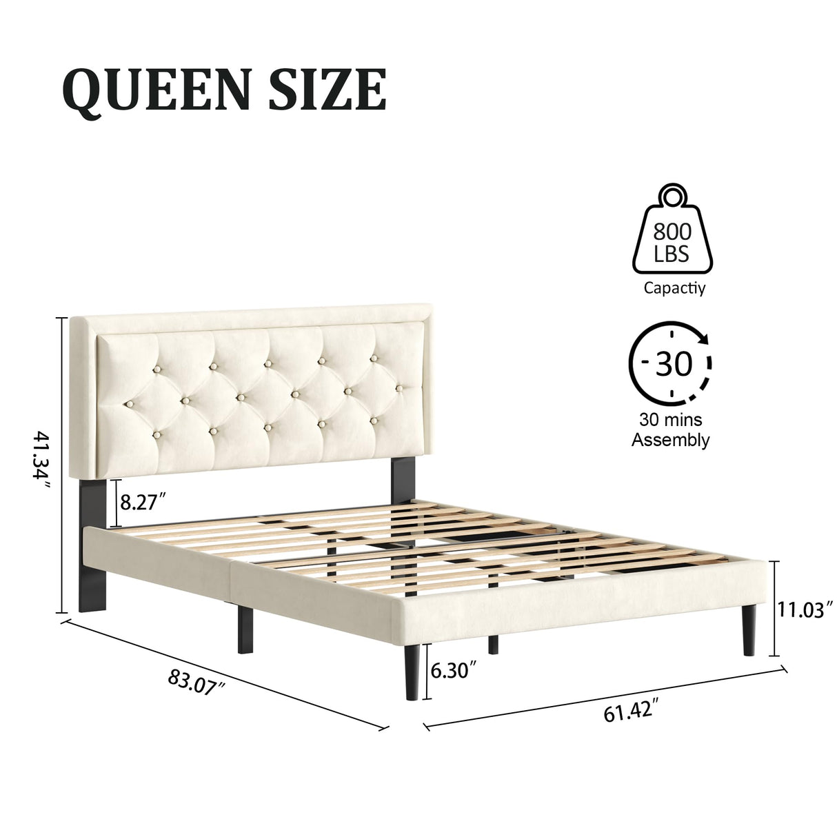 CXVX Queen Size Platform Bed Frame with Upholstered Velvet Button Tufted Headboard, Mattress Foundation with Wooden Slat Support, No Box Spring Needed, Easy Assembly, Noise Free, Beige CXVX