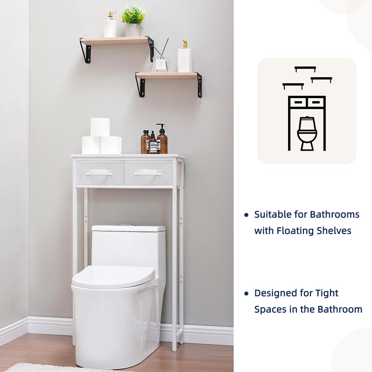 MOHOPE 2-Tier Over The Toilet Storage with 2 Fabric Drawers, Freestanding Above The Toilet Storage Cabinet, Space Saver Metal Over Toilet Bathroom Organizer Shelf for Small Space, White MOHOPE
