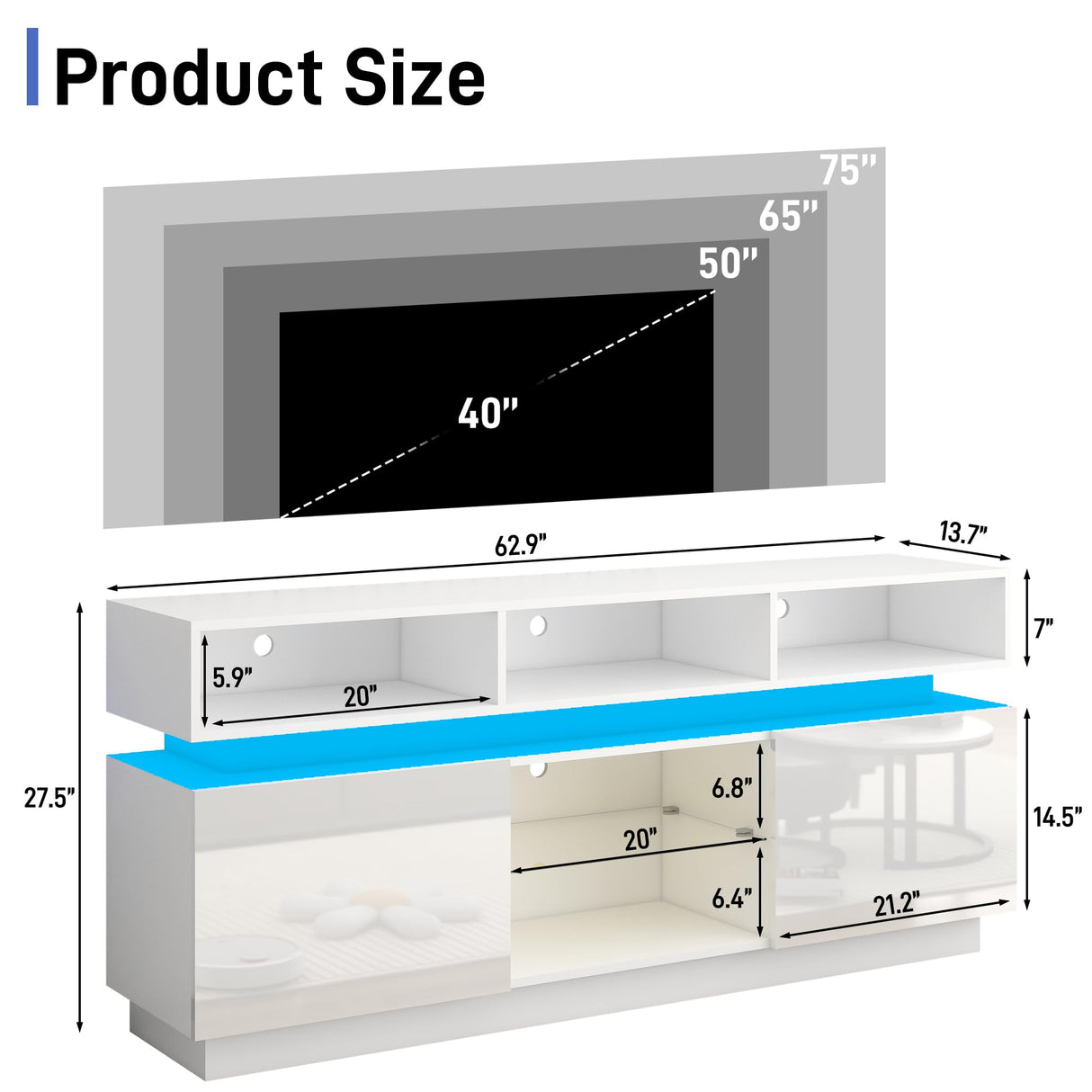 chartustriable LED TV Stand for 75 Inch TV, Modern Tall Entertainment Center with Storage, High Gloss Gaming TV Media Console with Glass Shelf for Living Room, 63 Inch, White chartustriable