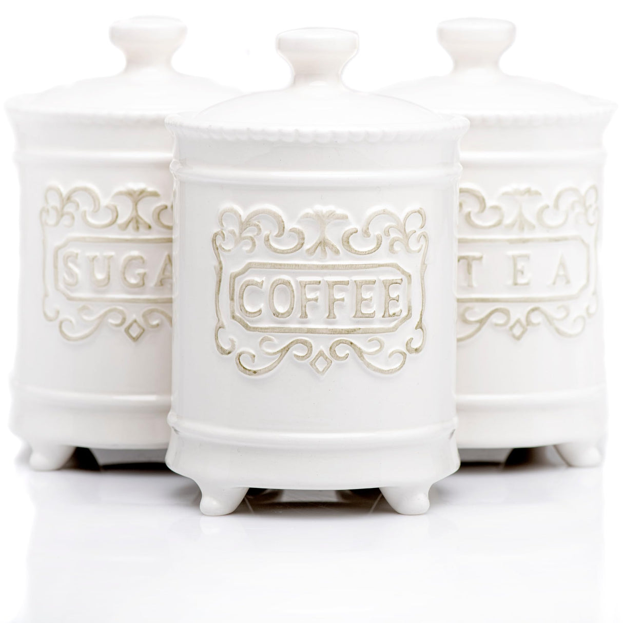 Large 35 Ounce Elegant Ceramic Kitchen Canisters Set of 3 - Beautifully Engraved Coffee Tea Sugar Storage Containers Airtight with Feet for Added Style and Stability - Ceramic Jar with Airtight Lid 25DOL