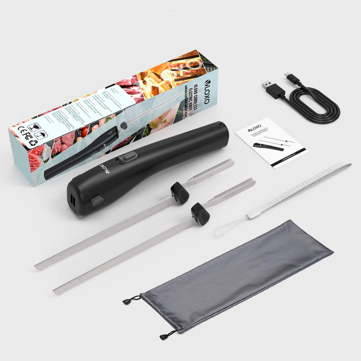 VLOXO Cordless Electric Knife, Electric Knives Rechargeable Bread Knife with Safety Lock Ergonomic Handle Electric Meat Knife for Carving Meat Bread Steak Fish Fillet Cheese Include 2 Blades VLOXO