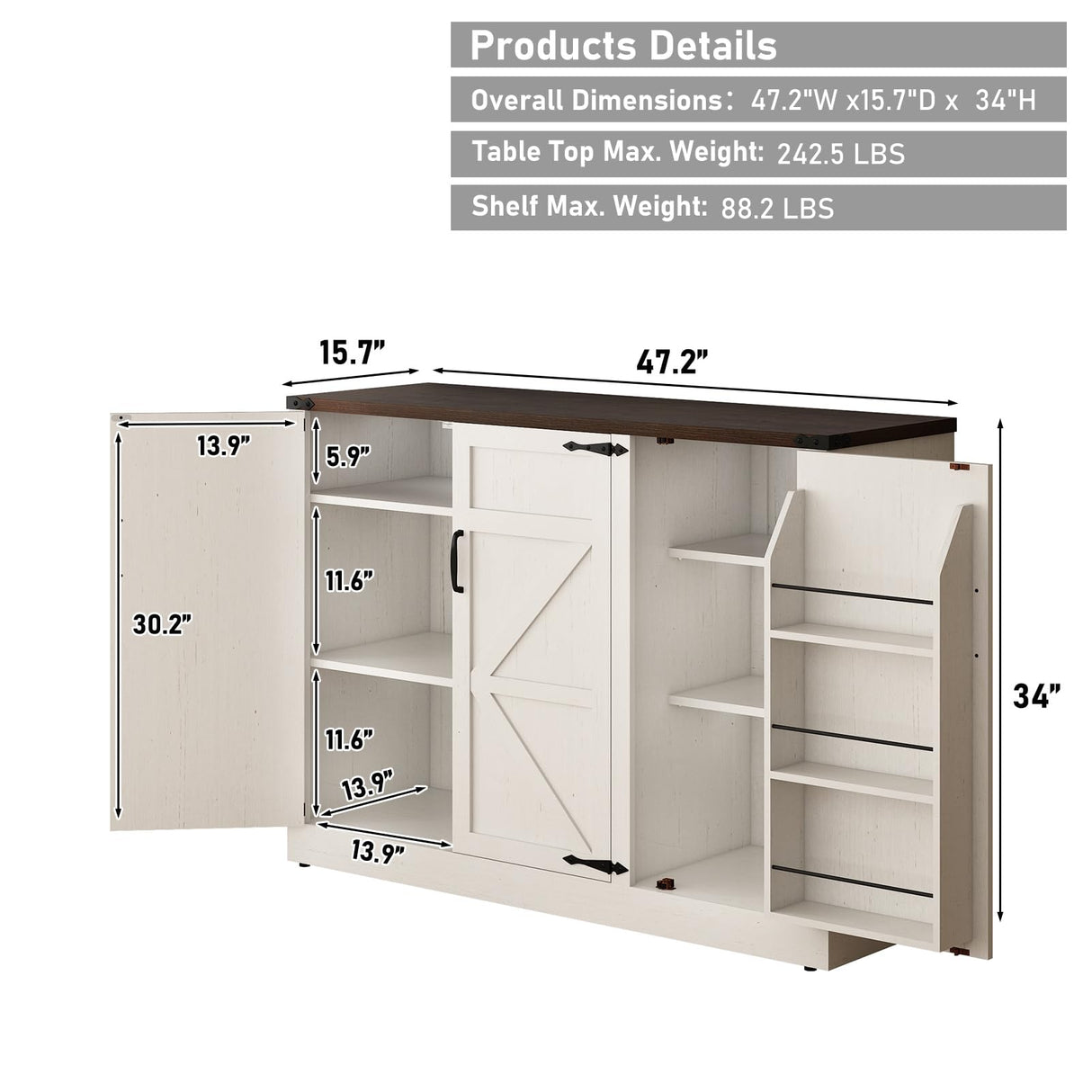 Sideboard Buffet Cabinet with Storage - 47.2 Inch Farmhouse Kitchen Sideboard Cabinets with Adjustable Shelves, Wooden Coffee Bar Storage Cabinet Buffet Table for Kitchen, Dining Room, White chartustriable