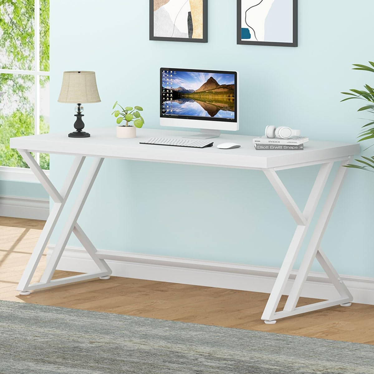 LVB Modern White Computer Desk, Long Industrial Home Office Desk for Student, Large Metal Wood Writing Study Work Desk, Farmhouse Executive Gaming Computer Table for Bedroom Living Room, White, 60 in LVB