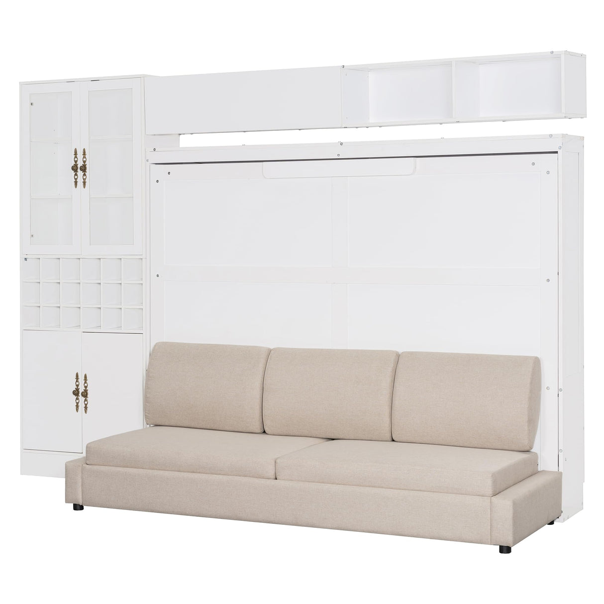 P PURLOVE Queen Murphy Bed with Sofa and Shelves, Wooden Wall Bed with USB and Light, No Box Spring Needed (White) P PURLOVE