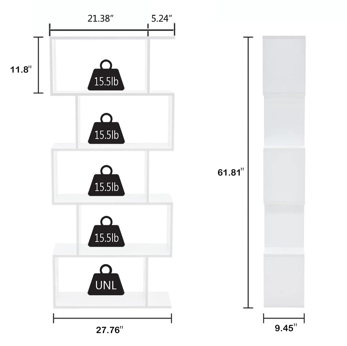 Yusong Modern 5-Tier Geometric Bookcase in White - Stylish S-Shaped Bookshelf for Home & Office Yusong