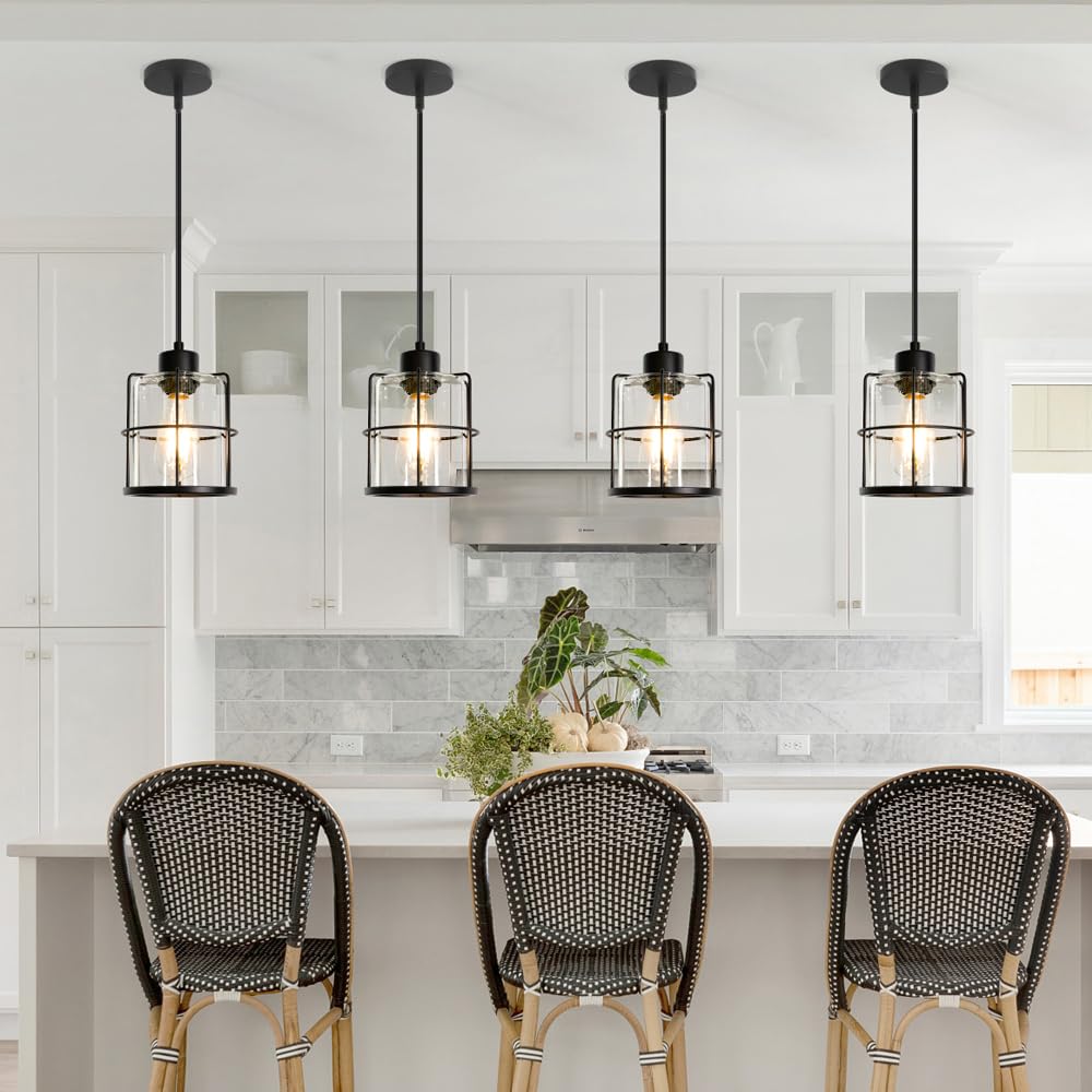 Farmhouse Pendant Lights Kitchen Island Set Of 2, Black Kitchen Island Lighting With Adjustable Rods, Industrial Cage Bathroom Pendant Lights With Clear Glass For Dining Room Hallway Sink DSMJFU DSMJFU
