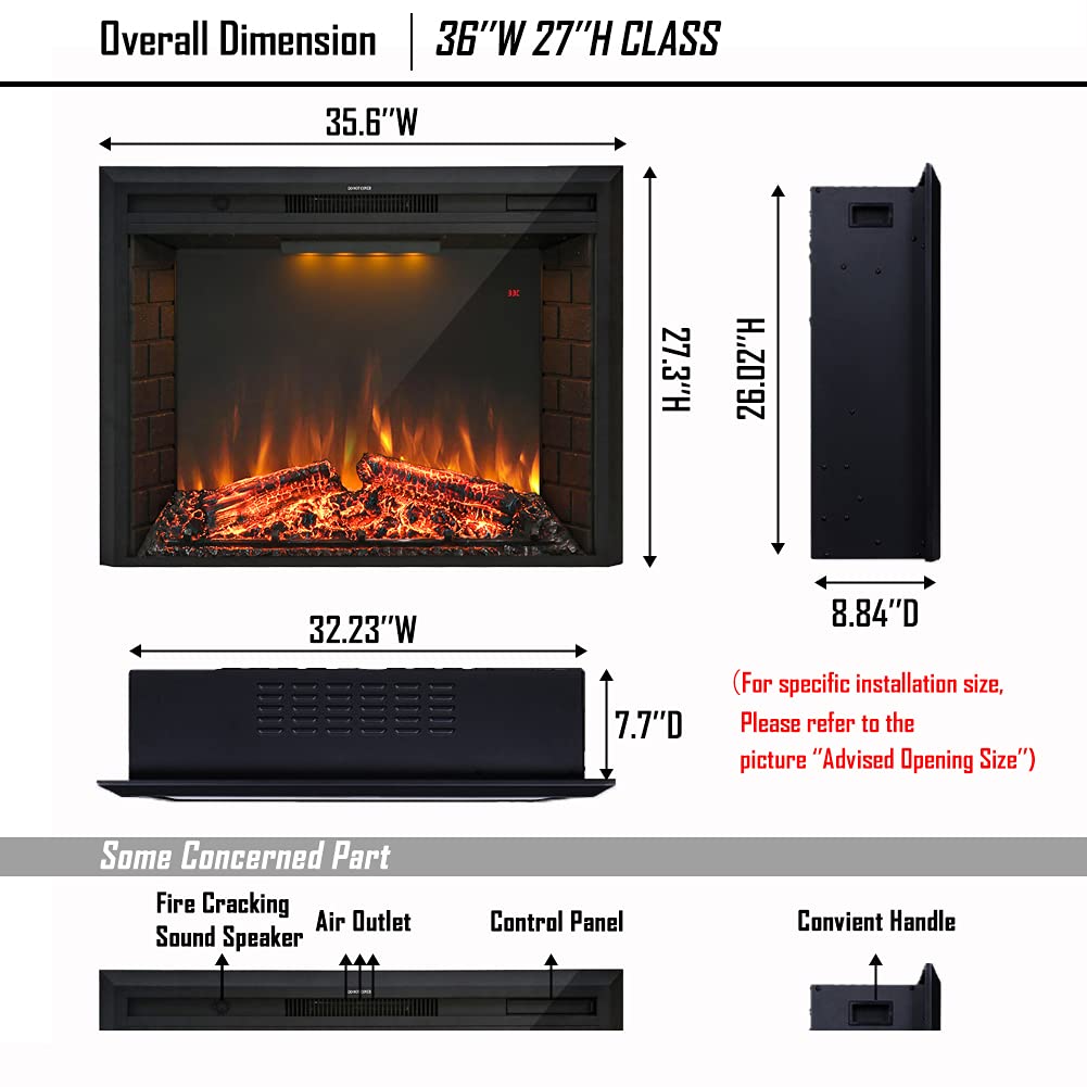 Masarflame 36'' Electric Fireplace Insert, Retro Recessed Fireplace Heater with Fire Cracking Sound, Remote Control & Timer, 750/1500W, Black Masarflame