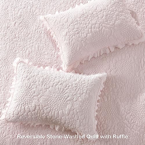 HORIMOTE HOME Pink Ruffled Quilt Twin Size, Stone-Washed Microfiber Lightweight Crinkled Farmhouse Rustic Shabby Chic Bedding Set, 2 Pieces Reversible Bedspread with Pillow Sham for All Season HORIMOTE HOME