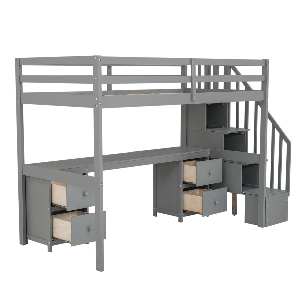 SOFTSEA Twin Loft Bed with Desk, Storage Stairs & Drawers in Grey SOFTSEA